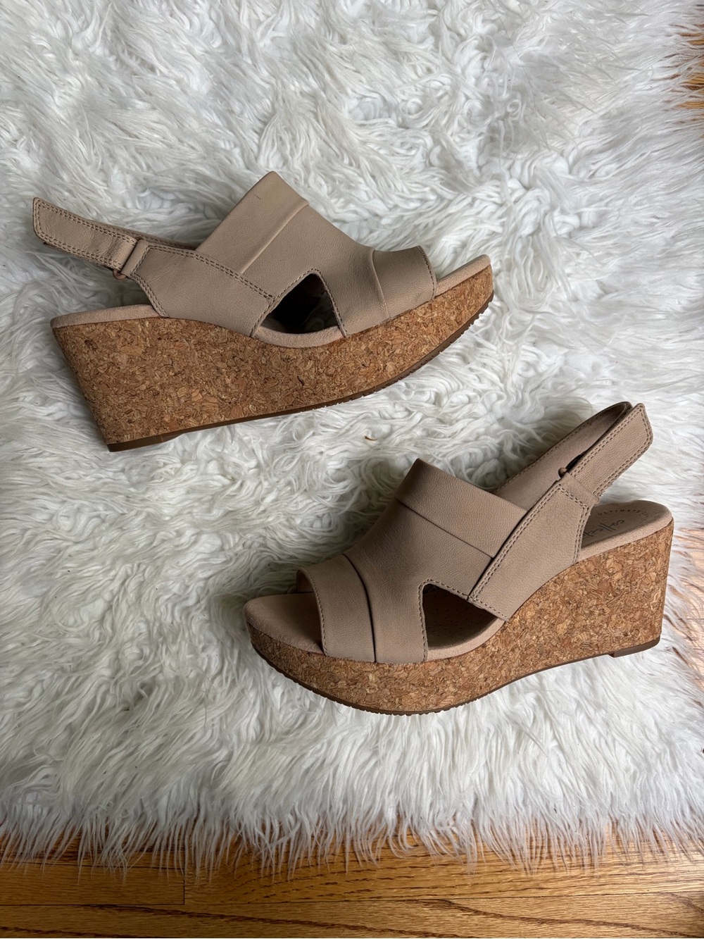 Clarks Annadel Ivory Beige/Tan Cork Platform Wedge Sandals